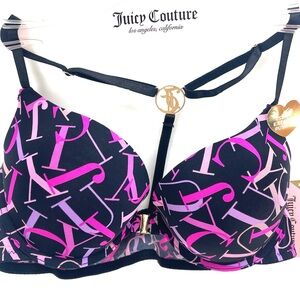 JUICY COUTURE Sexy Extreme Push Up Bra Black Hot Pink Lilac Logo Scatter NWT